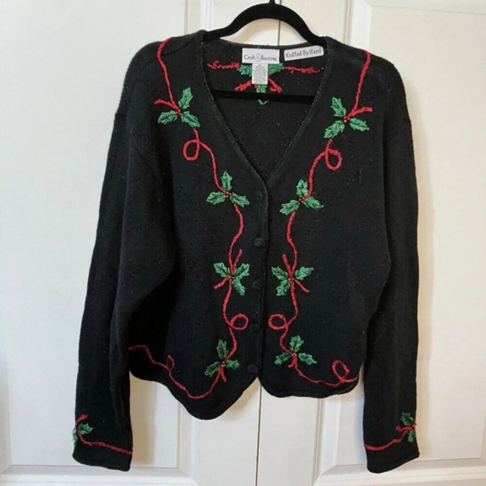 Vintage Croft  Barrow Beaded Silk Knit by Hand Christmas Holiday Holly Cardigan